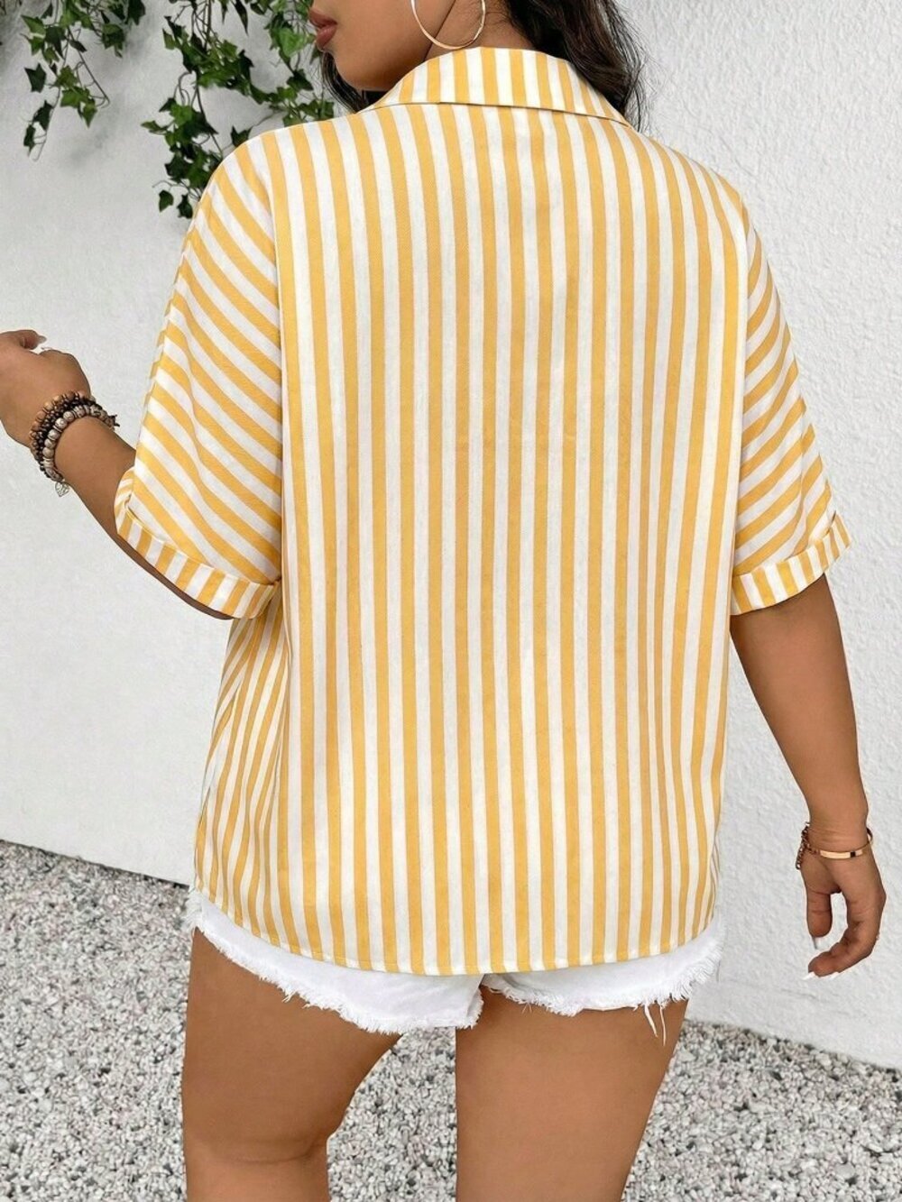 Yellow Chic Women's Striped Print Button Down Short Sleeve Top - Picture 2 of 7